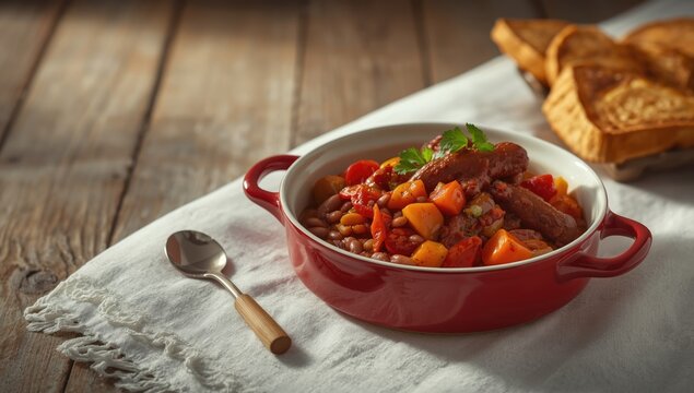 Stewed beans with sausages and vegetables in a ceramic dish, highlighting nutritious meal preparation