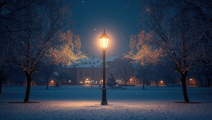 Nighttime winter park with snowfall and street lighting, highlighting seasonal weather conditions