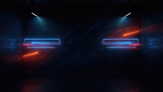 3d abstract neon scene featuring glowing lines against a dark wall, suitable for digital interface design - Powered by Adobe