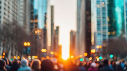 Crowd gathers on city street as sunset emerges between tall buildings