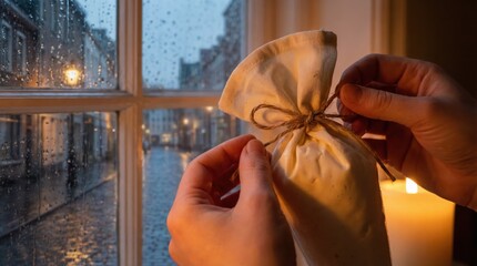 Hands holding a cloth bag tied with twine in front of a rainy window at dusk