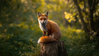 Wild fox sitting on a tree stump among trees, highlighting animal behavior and forest environment, World Wildlife Day