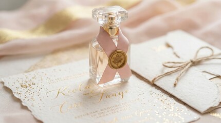 Elegant perfume bottle with pink ribbon next to a wedding invitation on a soft fabric background