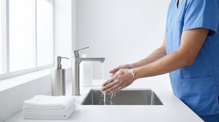 Person in blue scrubs washing hands with soap and water at a modern sink