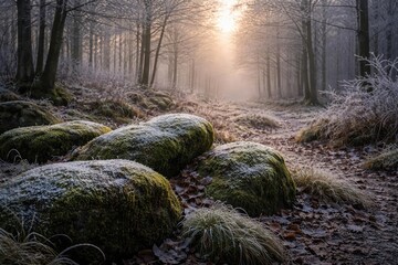 Mossy stones with frost in a foggy winter forest dawn setting including copy space