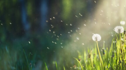 Dandelions release seeds in the sunlight during spring in a green field