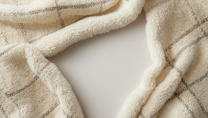 Top view of a white plush textile plaid serving as a warm background for design elements, seasonal change