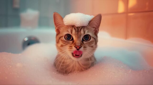 A fluffy cat sits in a bathtub filled with bubbles, wearing a playful foam crown. The warm lighting creates a peaceful atmosphere, making it a relaxing moment for the pet.