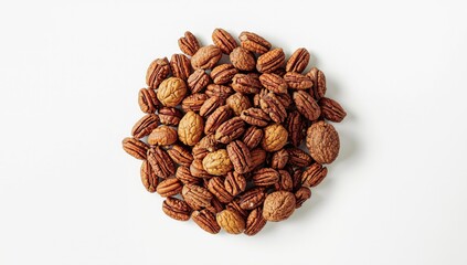 Pecans and walnuts gathered together on a white surface, raw ingredients for baking or snacking