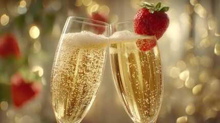 A close-up of two champagne flutes clinking, with bubbly liquid and a strawberry, soft bokeh lights in the background, celebratory, 8k, realistic, full ultra HD, high resolution, cinematic photography