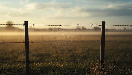 Cobwebs caught on barbed wire fences across a farm, illustrating farm security and natural elements during dawn, seasonal change