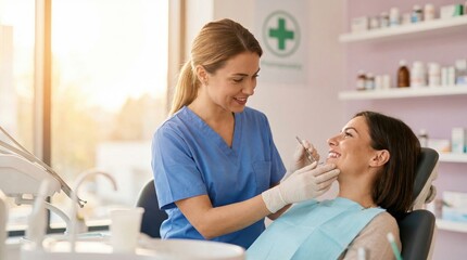 A dental professional in blue scrubs examines a patient's teeth with precision tools in a well-lit clinic setting