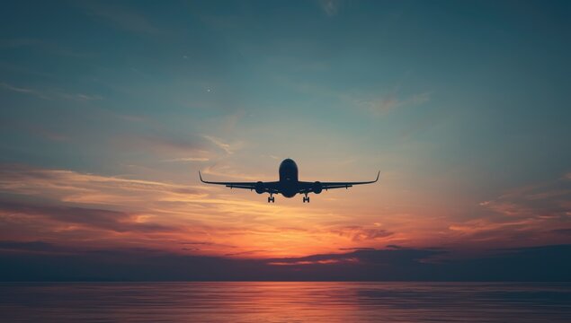 Aircraft descent silhouette under a vibrant sunset sky, highlighting nighttime landing procedures