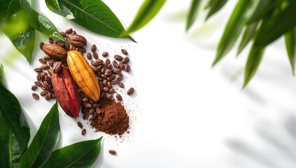 Cocoa beans and powder with leaves arranged on a white surface, emphasizing ingredient preparation