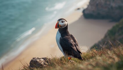 Seabird perched on rugged shoreline, highlighting natural habitat and breeding activities of Atlantic Puffins in northern seaside regions