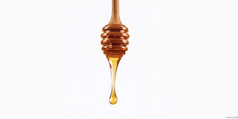 Wooden honey dipper with dripping honey against a white backdrop, used for product display and branding