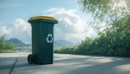 Wheeled green trash container with yellow lid positioned outdoors on a concrete surface, focused on waste management