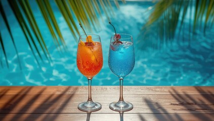 Pair of drinks with fruit slices set against a poolside scene, emphasizing summer leisure and travel