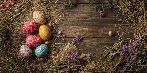 Decorate Easter eggs on a handcrafted craft backdrop, artisanal techniques for holiday celebrations