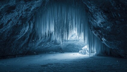 View from an ice cave on Lake Baikal showing icicles on walls and ceiling, natural preservation