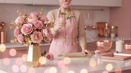 Person in pink apron arranging a bouquet of pink roses and gold foliage on a kitchen counter with copper utensils