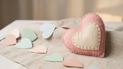 Handmade felt hearts and leaf decorations arranged on a beige fabric background