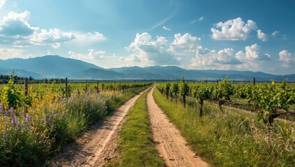 Fototapeta premium Unpaved path running through a vineyard toward distant mountains, used as a scenic UI backdrop