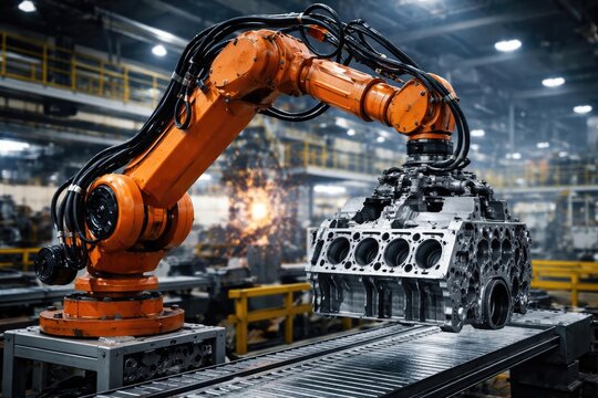 Featuring robotic arm performing heavy lifting and placement in industrial production