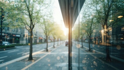 Out-of-focus city scene with trees, serving as a background for urban-themed designs