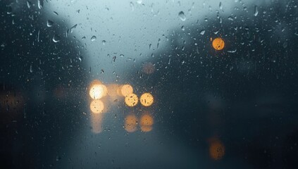 Macro shot of a wet window with water droplets and blurred city lights in the background, used for atmospheric or mood setting