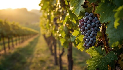 Vineyard with ripe wine grapes, highlighting agricultural labor