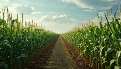 Lush green corn plants thriving in open farmland under bright summer sunlight, ideal for agricultural planning visuals