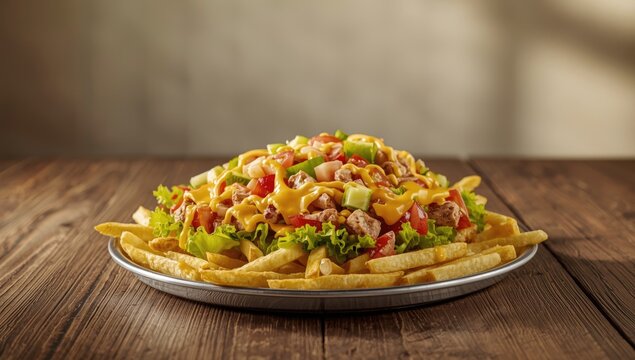 Kapsalon dish featuring fries, shawarma, cheese, and vegetables, emphasizing ingredient freshness