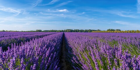 Fototapeta premium Field of lavender plants used as a natural background for text layouts, seasonal change, Earth Day
