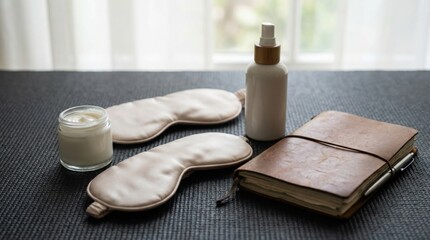Relaxation setup with sleep mask, skincare products, and leather notebook on a dark fabric surface