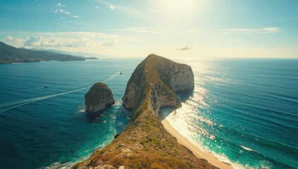Seaside rocky shoreline with turbulent waters, illustrating natural erosion processes in summer