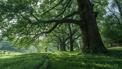 Obraz premium Dense summer trees along a trail providing a natural backdrop for nature-themed layouts