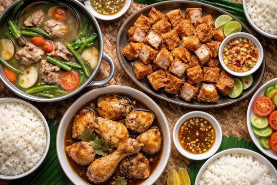 Authentic Filipino dinner top shot showing sour sinigang tangy broth crispy lechon kawali and hearty chicken adobo