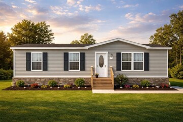 A peaceful sky serves as the backdrop for a grey trailer home with stone skirting and shutters