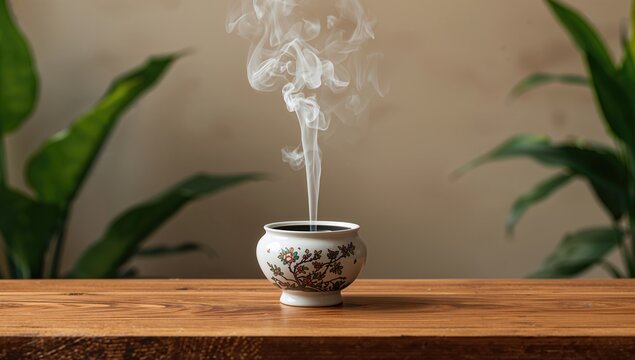 White incense burner placed on a table in a wellness environment, facilitating aroma release, World Aromatherapy Day - Powered by Adobe