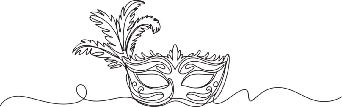 One single unbroken continuous line of carnival mask. one line Art icon drawing