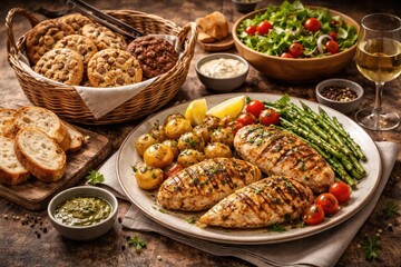 Obraz premium appetizing meal presented on a rustic table alongside a basket filled with cookies