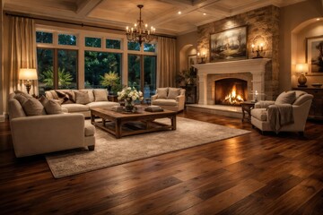 Luxury home's living space with newly installed hardwood floors paired with a cozy and elegant fireplace
