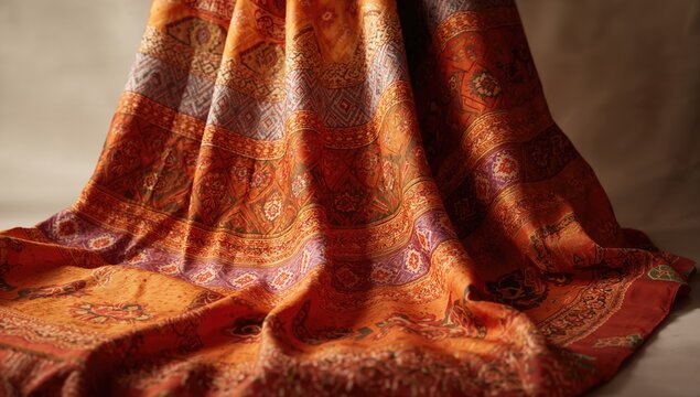 Vivid silk textile with intricate handcraft details serving as background for visual display and layout purposes