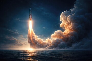 Innovation concept graphic with rocket liftoff and curling smoke on ocean blue background