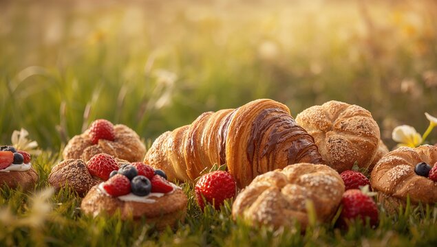 Assorted baked goods including a chocolate croissant and berry-topped pastries, highlighting bakery diversity, World Bakery Day - Powered by Adobe
