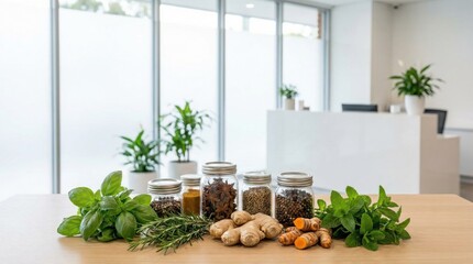 Fresh herbs and spices arranged on a wooden table with potted plants in a bright office setting