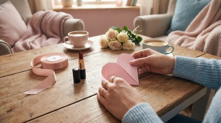 Cozy scene with coffee cups, roses, makeup, and heart-shaped note on a wooden table