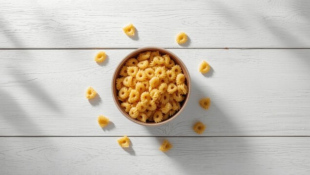 Uncooked horns pasta served in a bowl on a white wooden surface, highlighting food texture and raw state