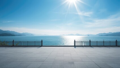 Scenic view of Thousand Island Lake in Hangzhou with a flat surface and safety railings, bright sunny weather emphasizes open space